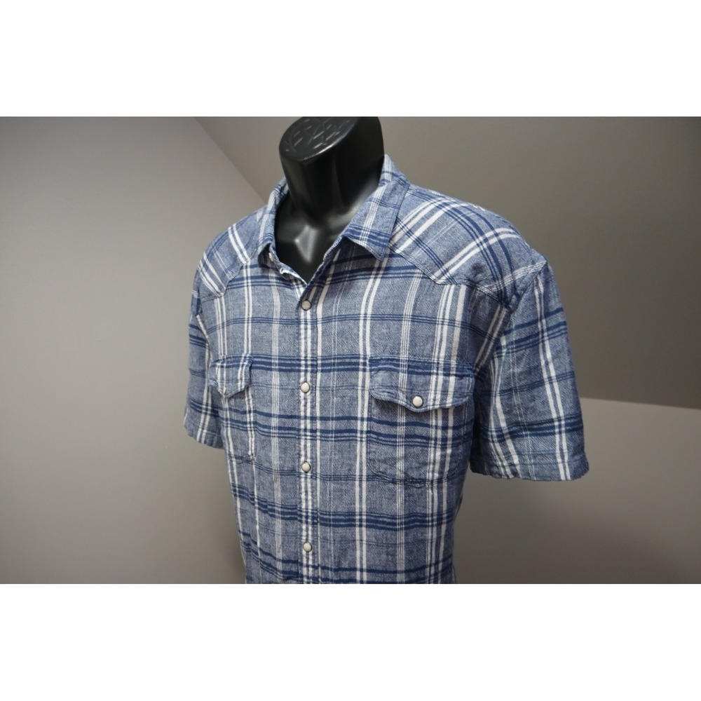Lucky Brand Western Pearl Snaps Linen Blend Dress Shirt Mens XXL Blue Plaid